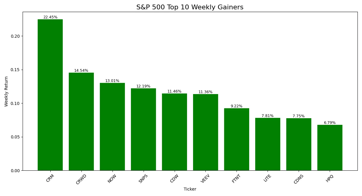 Bar chart showing percentage returns of top 10 gaining S&P 500 stocks